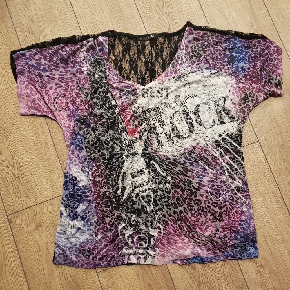 UK2LA NEW Plus 1X 2X 3X V-Neck T Shirt Top Lace Back Rock Guitar Bling New